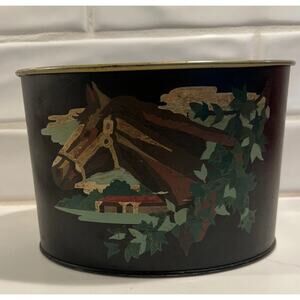 Vtg 1953 Equestrian Toleware Black Tin Desk Letter Can Horse Head Stable Painted